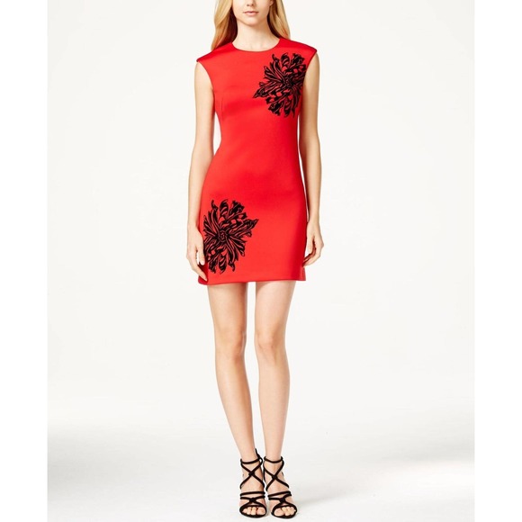 Calvin Klein Dress Womens 10 Red Black Floral Velvet Scuba Mini Office Party - Picture 2 of 13